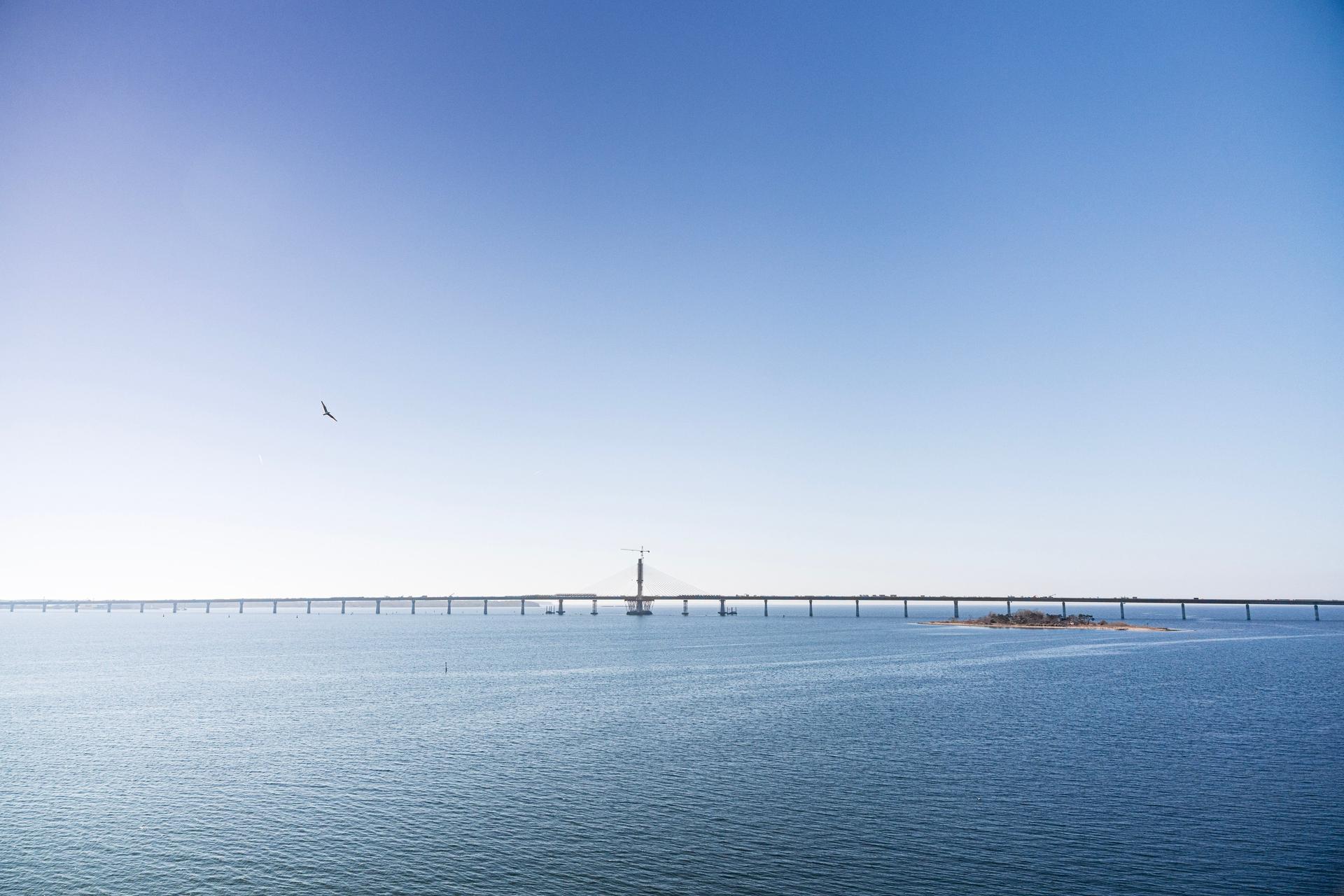 The Dronning Margrethe II Bridge spanning the Storstrøm strait, connecting Zealand and Falster with a new rail and road link. 