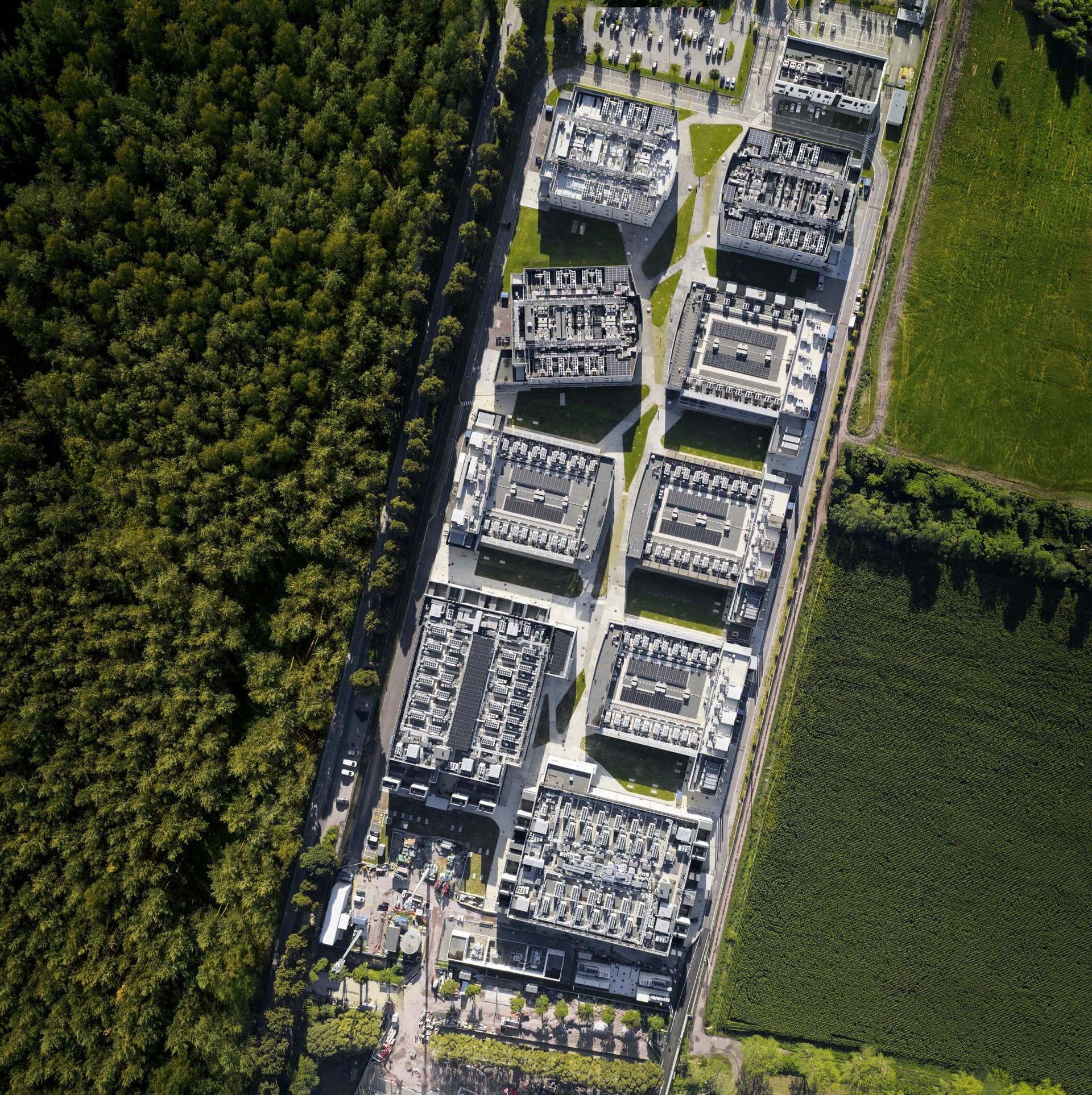 IT and data infrastructure. Aerial drone photo of the campus. Concept visual Digitally enhanced