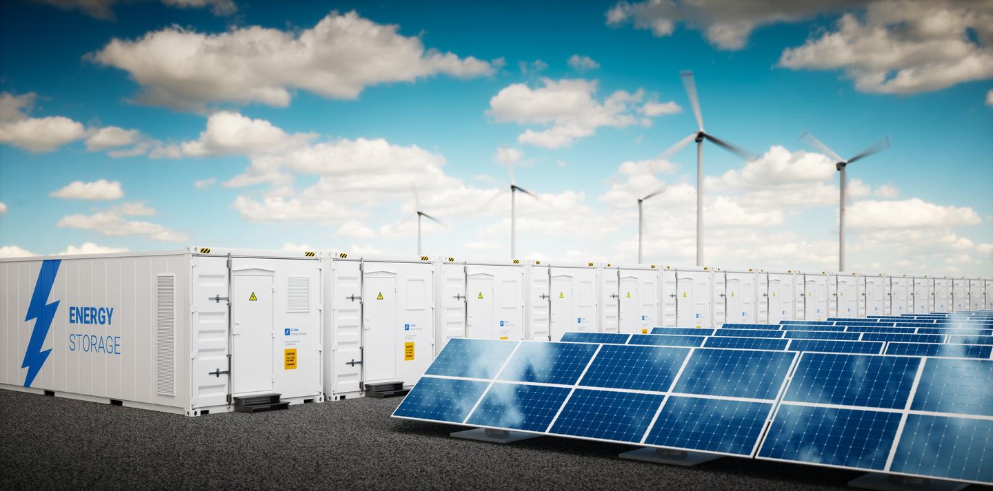 Concept of energy storage system, renewable energy power plants, photovoltaics, wind turbine farm and battery container 3d rendering